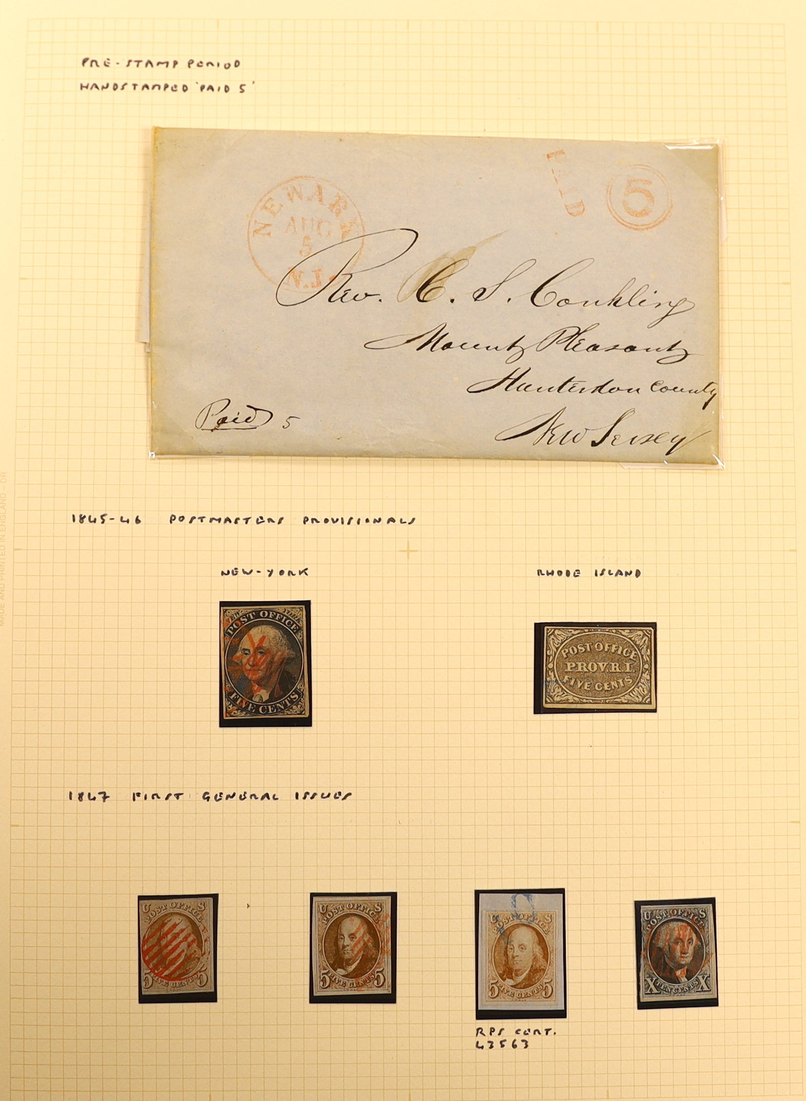 A collection of early United States of America stamps in a Philatelic album including 1845 New York Provisional 5c., 1847-50 5c. (4, one on cover, one single with blue “10” cancel and with RPS Certificate 1956) and 10c.